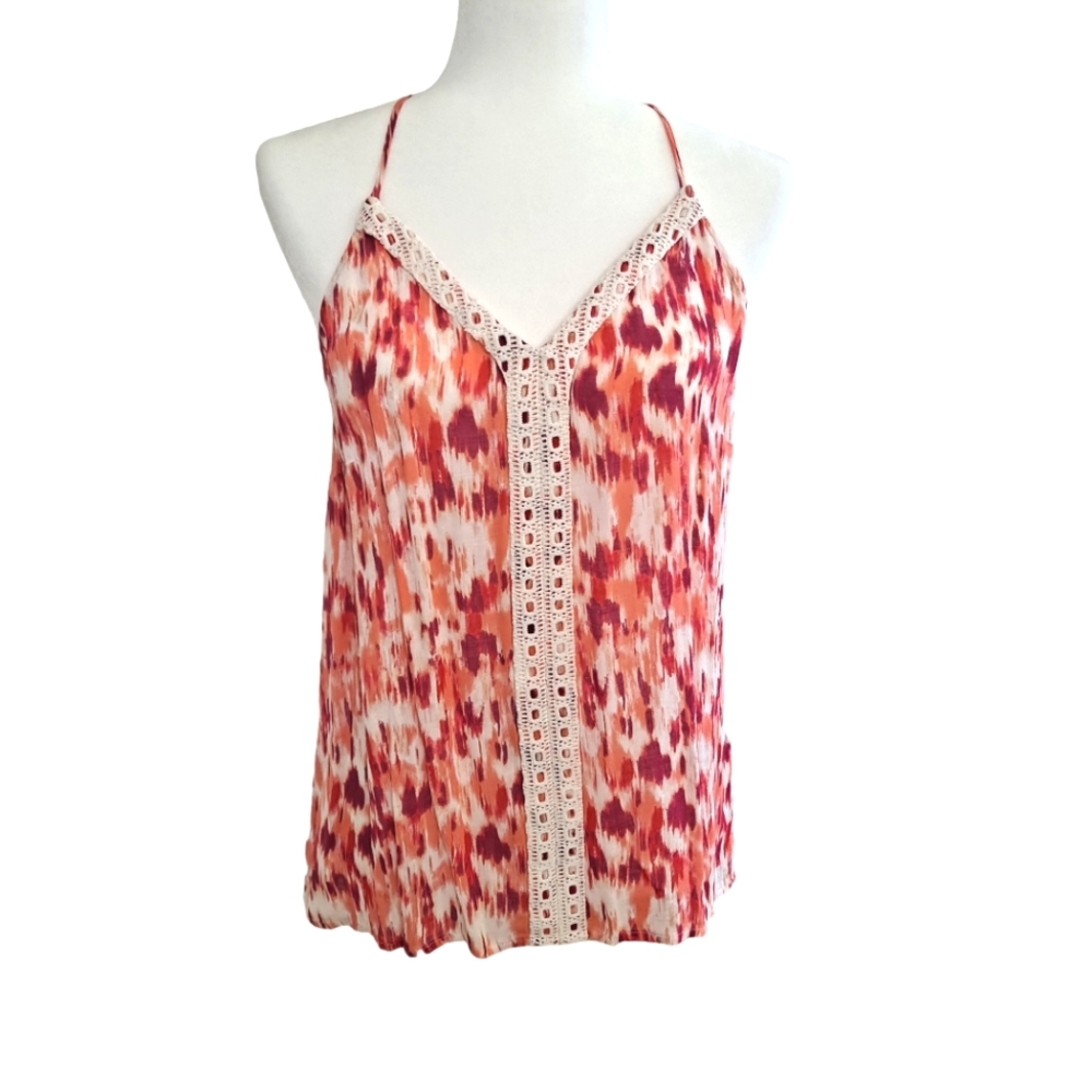 Lucky Brand Jeans Coral Pink Print Lace Crochet Trim Racerback Tank Top szM